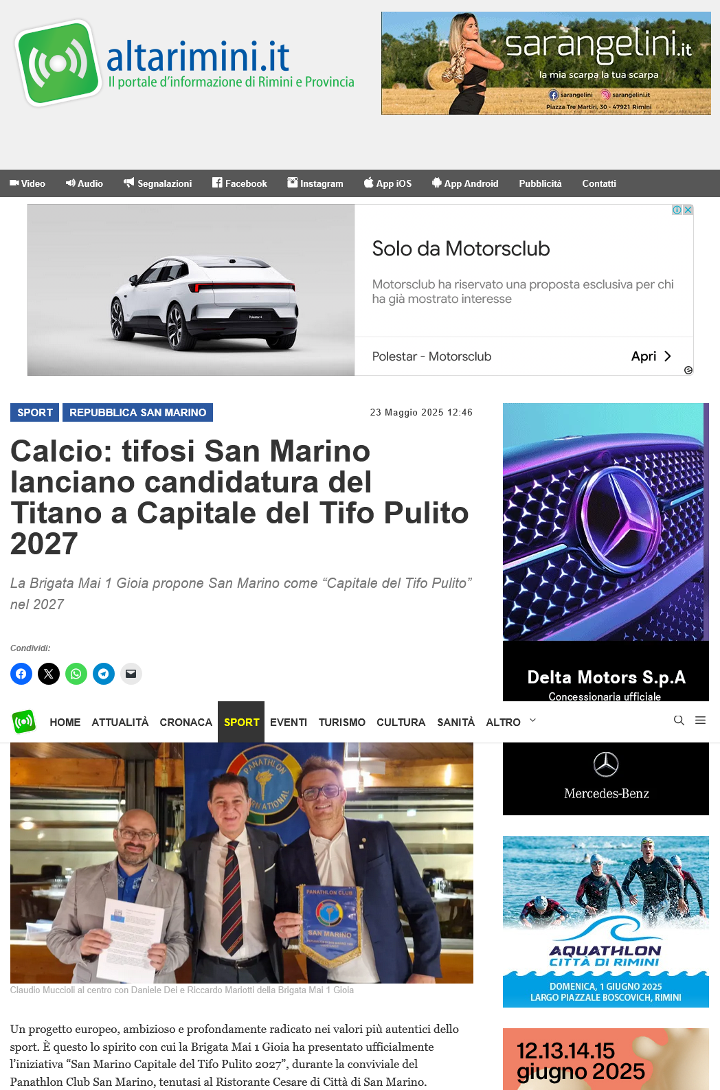 San Marino Capitale del Tifo Pulito: il progetto presentato al Panathlon