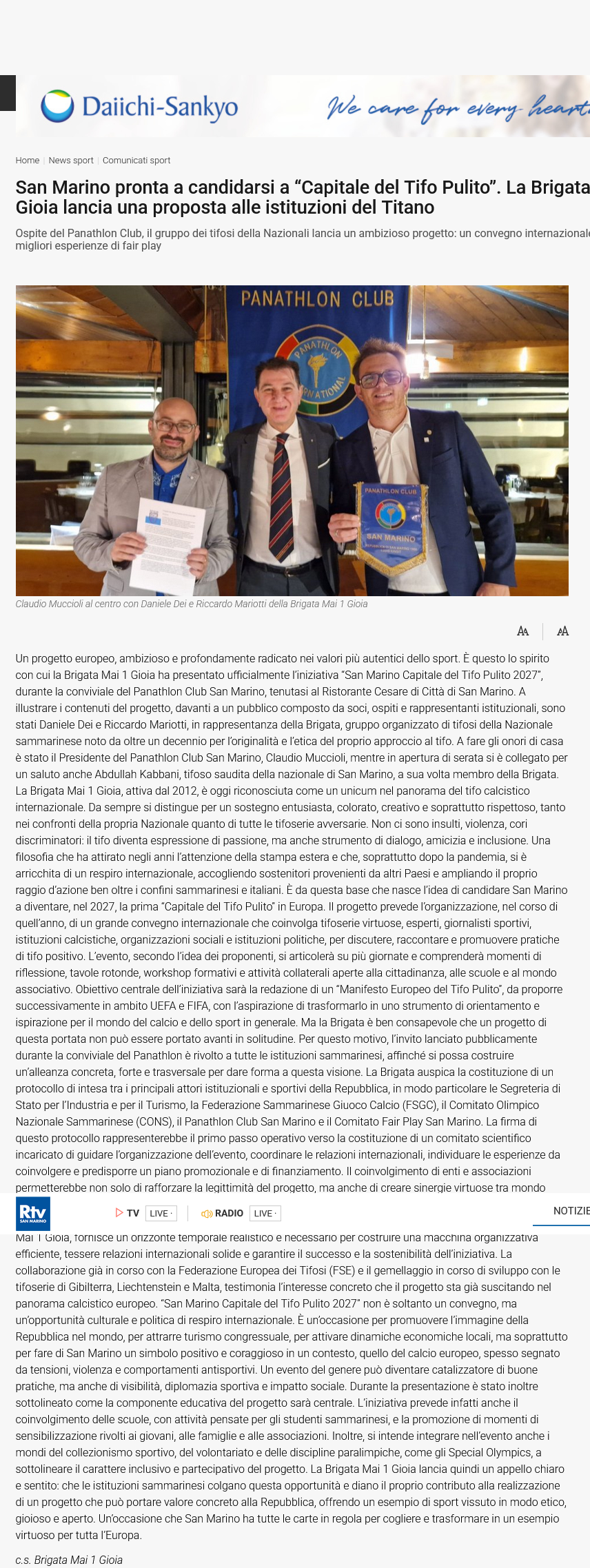 San Marino Capitale del Tifo Pulito: il progetto presentato al Panathlon